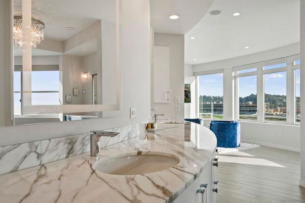 Bathroom, Chandelier, Dual Sink Vanities, Interior, Recessed Lighting, Wood Texture Flooring