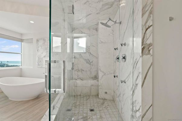 Bathroom, Free Standing Baths, Glass Shower, Interior, Marble Walls, Recessed Lighting