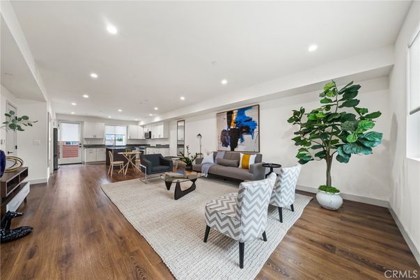 Interior, Kitchen, Living room, Recessed Lighting, Stainless Steel Appliances, Wood Texture Flooring