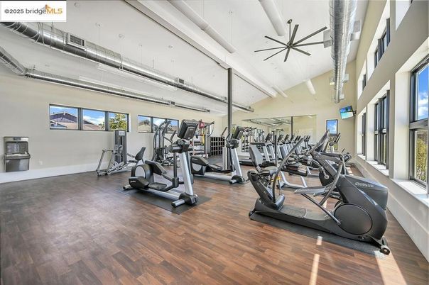 Fitness Equipment, Gym, Interior, Pendant Lights, Wood Texture Flooring