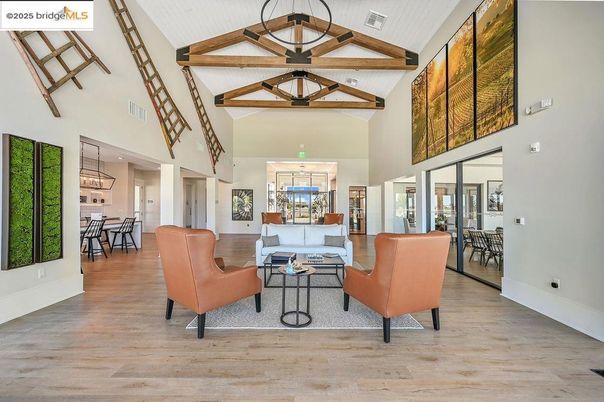 Dining room, Interior, Living room, Pendant Lights, Wooden Beams, Wood Texture Flooring