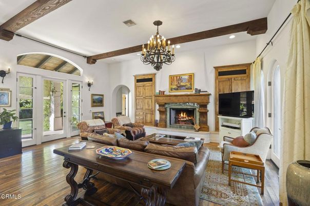 Chandelier, Fireplace, Interior, Living room, Recessed Lighting, Wooden Beams, Wood Texture Flooring