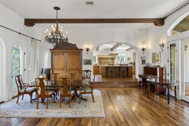 Chandelier, Dining room, Interior, Piano, Wooden Beams, Wood Texture Flooring