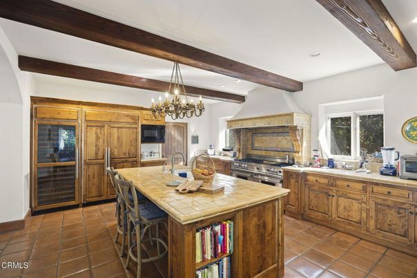 Chandelier, Interior, Kitchen, Recessed Lighting, Stainless Steel Appliances, Tile Countertops, Wooden Beams