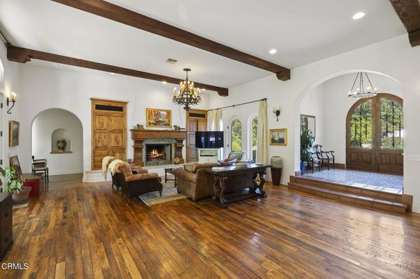 Chandelier, Fireplace, Interior, Living room, Recessed Lighting, Wooden Beams, Wood Texture Flooring