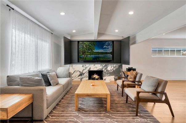 Fireplace, Interior, Living room, Recessed Lighting, Wood Texture Flooring