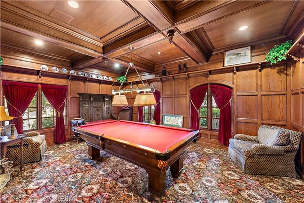 Billiard Table, Game Room, Interior, Pendant Lights, Recessed Lighting, Wooden Beams, Wooden Ceilings, Wooden Walls