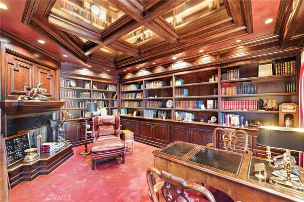 Fireplace, Home Office, Interior, Recessed Lighting, Wooden Beams, Wooden Ceilings