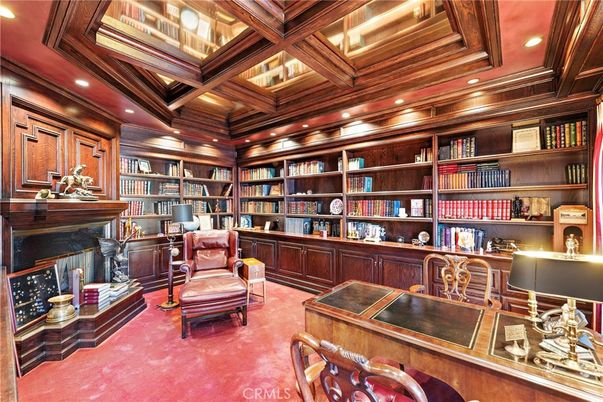 Fireplace, Home Office, Interior, Recessed Lighting, Wooden Beams, Wooden Ceilings