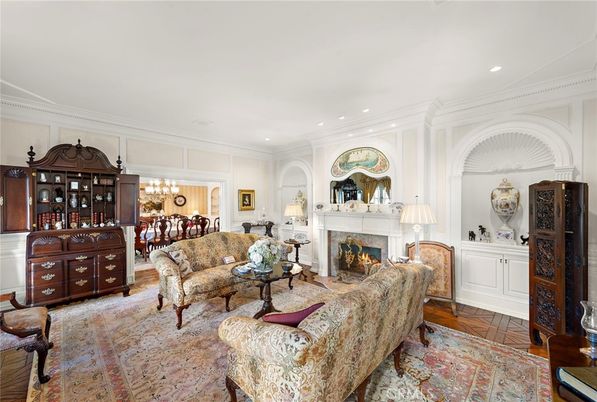 Chandelier, Dining room, Fireplace, Interior, Living room, Recessed Lighting, Wood Texture Flooring