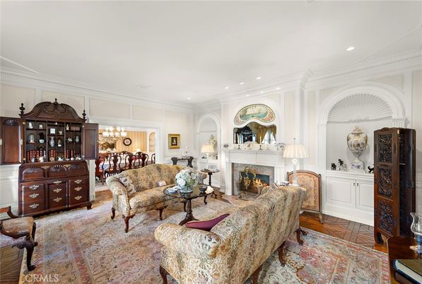 Chandelier, Dining room, Fireplace, Interior, Living room, Recessed Lighting, Wood Texture Flooring