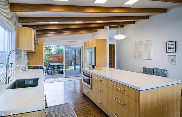 Interior, Kitchen, Pendant Lights, Recessed Lighting, Stainless Steel Appliances, Wooden Beams, Wood Texture Flooring