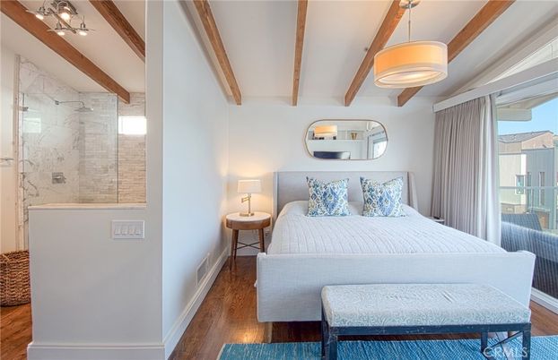 Bedroom, Interior, Marble Walls, Pendant Lights, Wooden Beams, Wood Texture Flooring