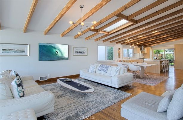 Dining room, Interior, Living room, Pendant Lights, Wooden Beams, Wood Texture Flooring