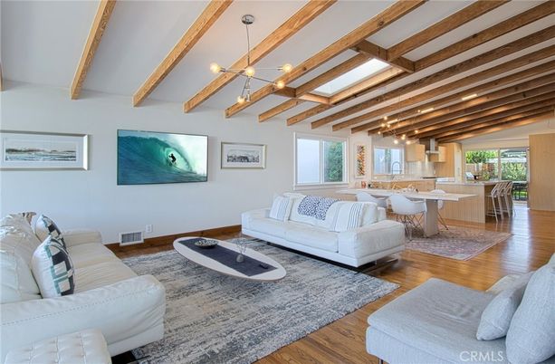 Dining room, Interior, Living room, Pendant Lights, Wooden Beams, Wood Texture Flooring