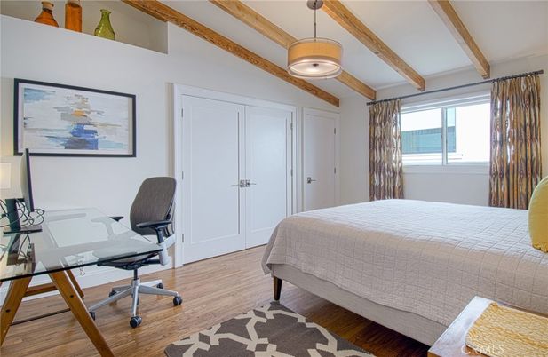Bedroom, Home Office, Interior, Pendant Lights, Wooden Beams, Wood Texture Flooring