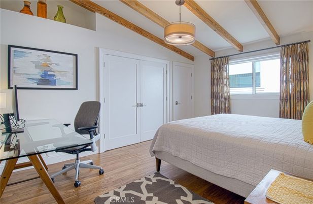 Bedroom, Home Office, Interior, Pendant Lights, Wooden Beams, Wood Texture Flooring