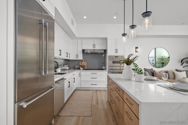 Interior, Kitchen, Pendant Lights, Recessed Lighting, Stainless Steel Appliances, Wood Texture Flooring