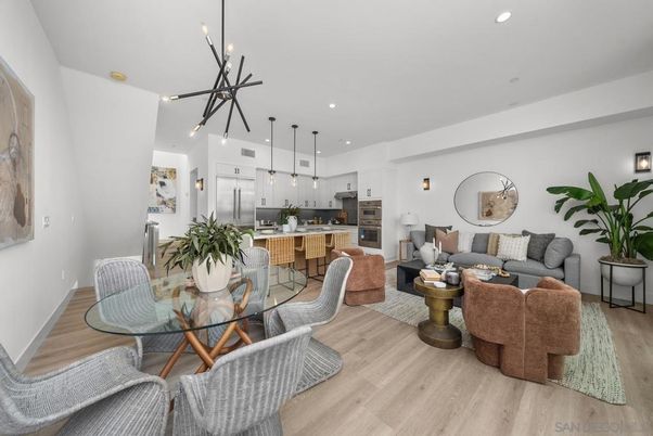 Dining room, Interior, Kitchen, Living room, Pendant Lights, Recessed Lighting, Stainless Steel Appliances, Wood Texture Flooring
