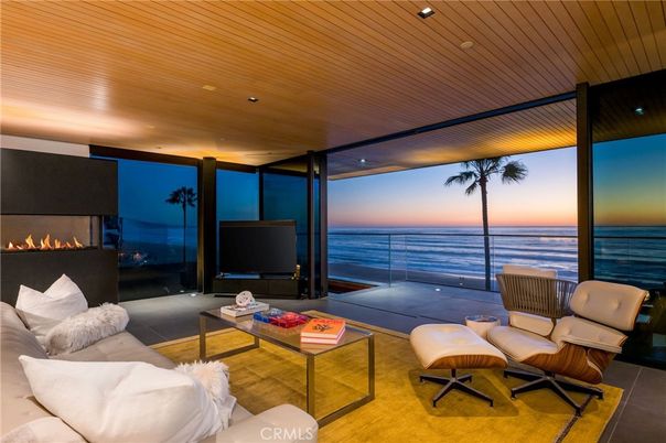 Fireplace, Interior, Living room, Recessed Lighting, Water, Wooden Ceilings