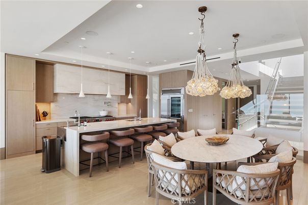 Dining room, Interior, Kitchen, Pendant Lights, Recessed Lighting, Stainless Steel Appliances, Wood Texture Flooring