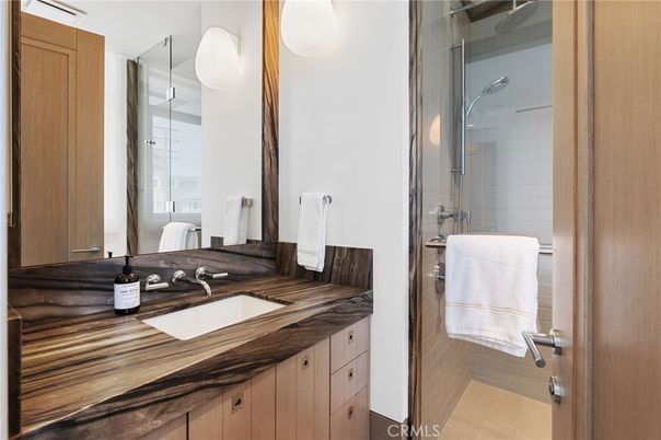 Bathroom, Glass Shower, Interior, Wood Texture Flooring