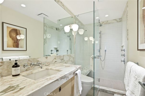 Bathroom, Glass Shower, Interior, Marble Walls, Recessed Lighting