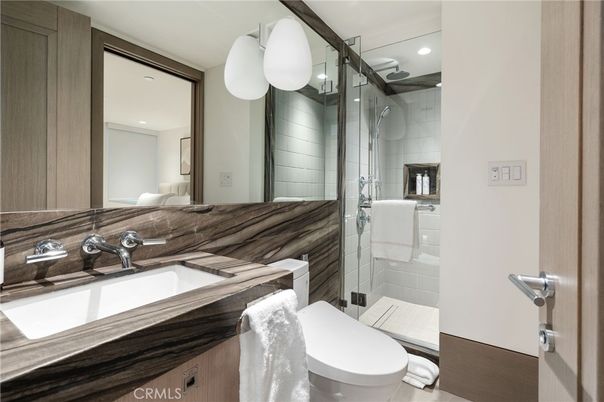 Bathroom, Glass Shower, Interior, Recessed Lighting, Wood Texture Flooring