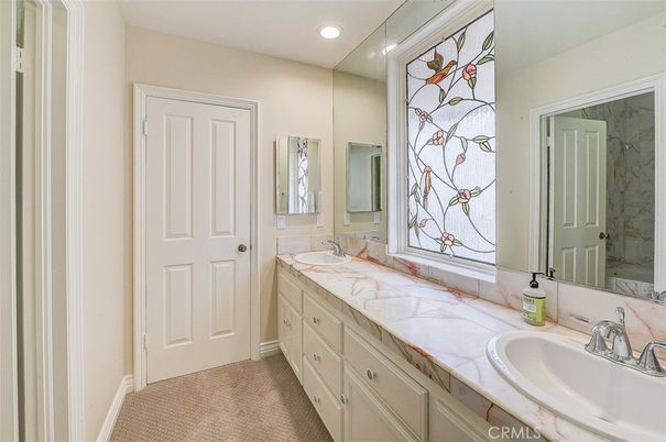 Bathroom, Dual Sink Vanities, Interior, Recessed Lighting, Tile Countertops