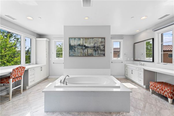 Bathroom, Dual Sink Vanities, Interior, Marble, Recessed Lighting