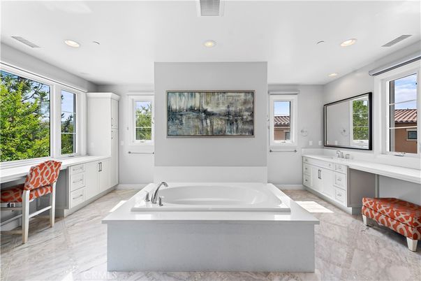 Bathroom, Dual Sink Vanities, Interior, Marble, Recessed Lighting