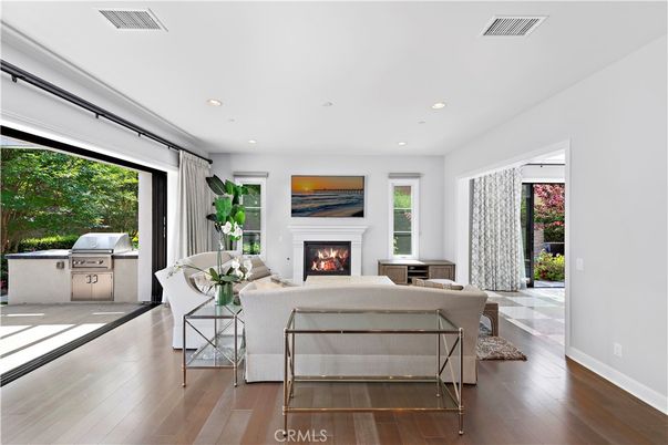 Fireplace, Interior, Living room, Recessed Lighting, Wood Texture Flooring