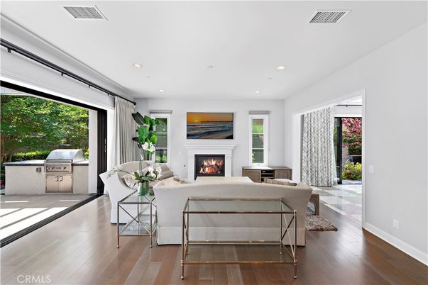 Fireplace, Interior, Living room, Recessed Lighting, Wood Texture Flooring