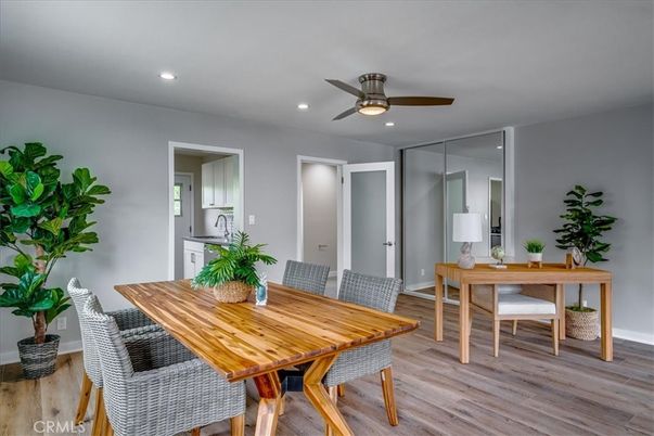 Dining room, Interior, Recessed Lighting, Wood Texture Flooring