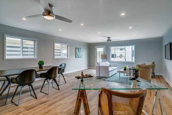 Dining room, Interior, Living room, Recessed Lighting, Wood Texture Flooring