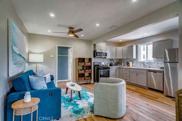 Interior, Kitchen, Living room, Recessed Lighting, Stainless Steel Appliances, Wood Texture Flooring