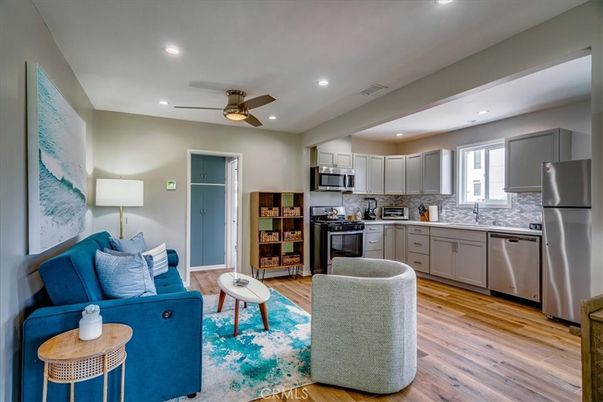 Interior, Kitchen, Living room, Recessed Lighting, Stainless Steel Appliances, Wood Texture Flooring