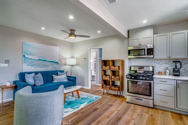 Interior, Kitchen, Living room, Recessed Lighting, Stainless Steel Appliances, Wood Texture Flooring