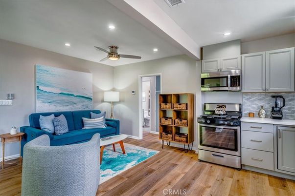 Interior, Kitchen, Living room, Recessed Lighting, Stainless Steel Appliances, Wood Texture Flooring