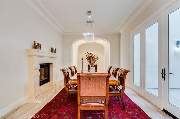 Dining room, Fireplace, Interior, Pendant Lights, Wood Texture Flooring