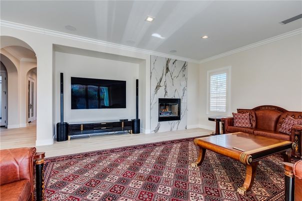 Fireplace, Interior, Living room, Recessed Lighting, Wood Texture Flooring