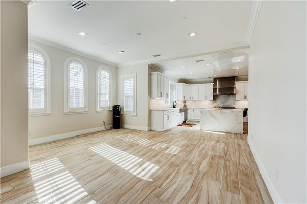 Interior, Kitchen, Marble Walls, Recessed Lighting, Wood Texture Flooring