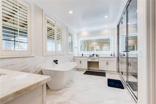 Bathroom, Dual Sink Vanities, Free Standing Baths, Glass Shower, Interior, Marble, Recessed Lighting