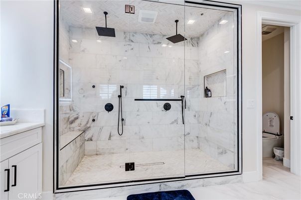Bathroom, Glass Shower, Interior, Marble, Marble Walls, Recessed Lighting