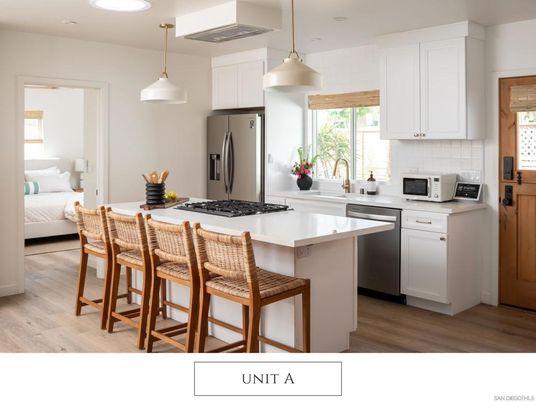 Bedroom, Interior, Kitchen, Pendant Lights, Recessed Lighting, Stainless Steel Appliances, Wood Texture Flooring