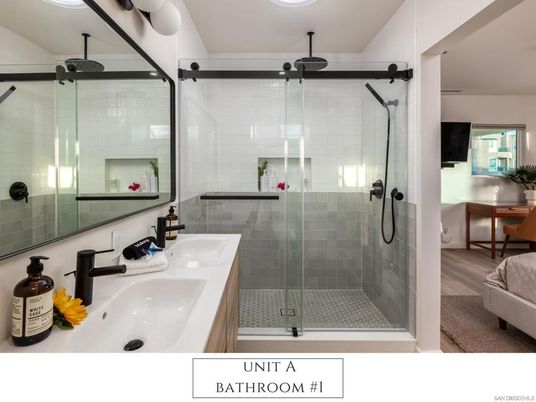 Bathroom, Dual Sink Vanities, Glass Shower, Interior, Wood Texture Flooring