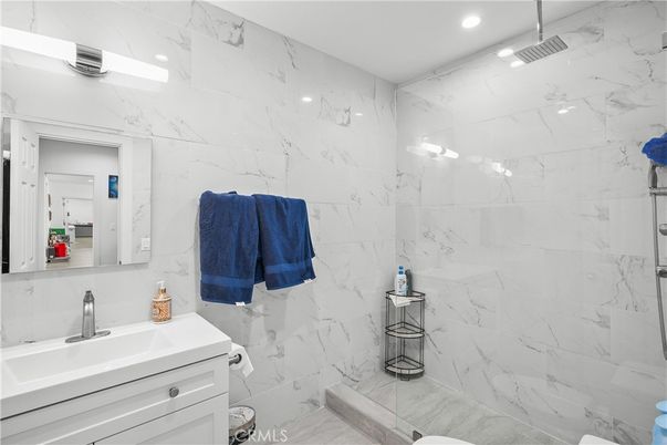 Bathroom, Glass Shower, Interior, Marble Walls, Recessed Lighting