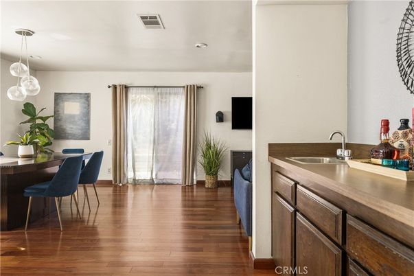 Dining room, Interior, Pendant Lights, Recessed Lighting, Wood Texture Flooring