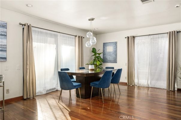 Dining room, Interior, Pendant Lights, Recessed Lighting, Wood Texture Flooring