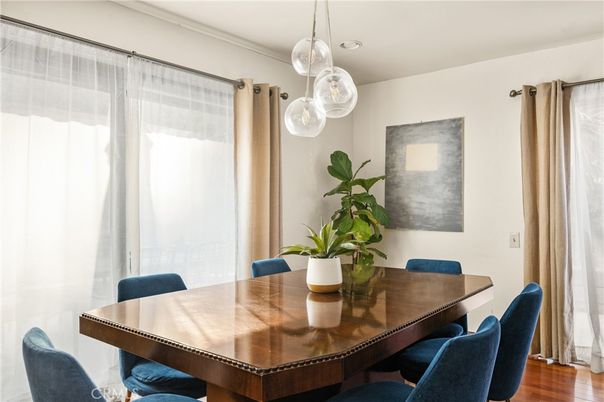 Dining room, Interior, Pendant Lights, Recessed Lighting, Wood Texture Flooring
